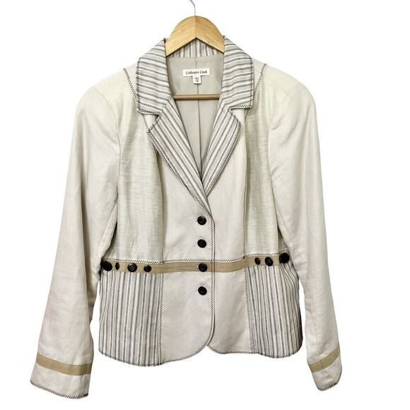 Coldwater Creek Linen Blend Mixed Media Blazer Size 16 Ivory Artsy‎ Coastal - Picture 1 of 10